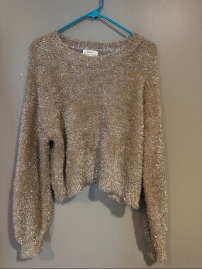 Maeve Metallic Taupe Fuzzy Crewneck Sweater